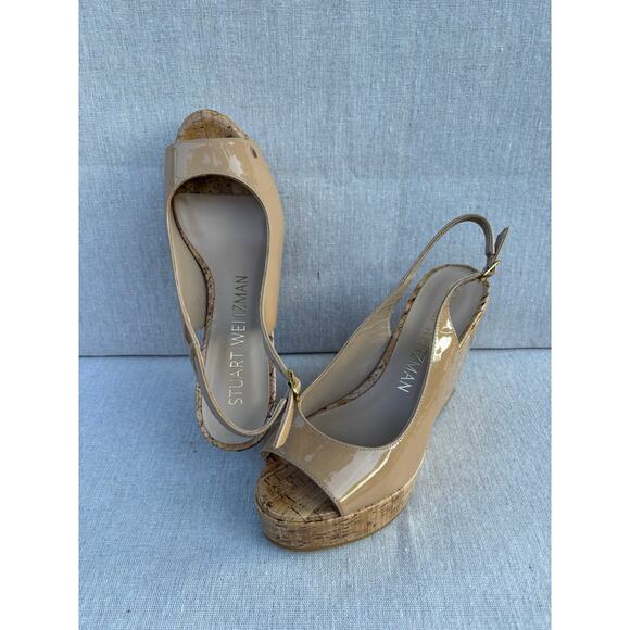 STUART WEITZMAN Wms Sz 7.5 Nude Patent-Leather Cork-Wedge Pumps 3.8" Heels SPAIN - Picture 4 of 8